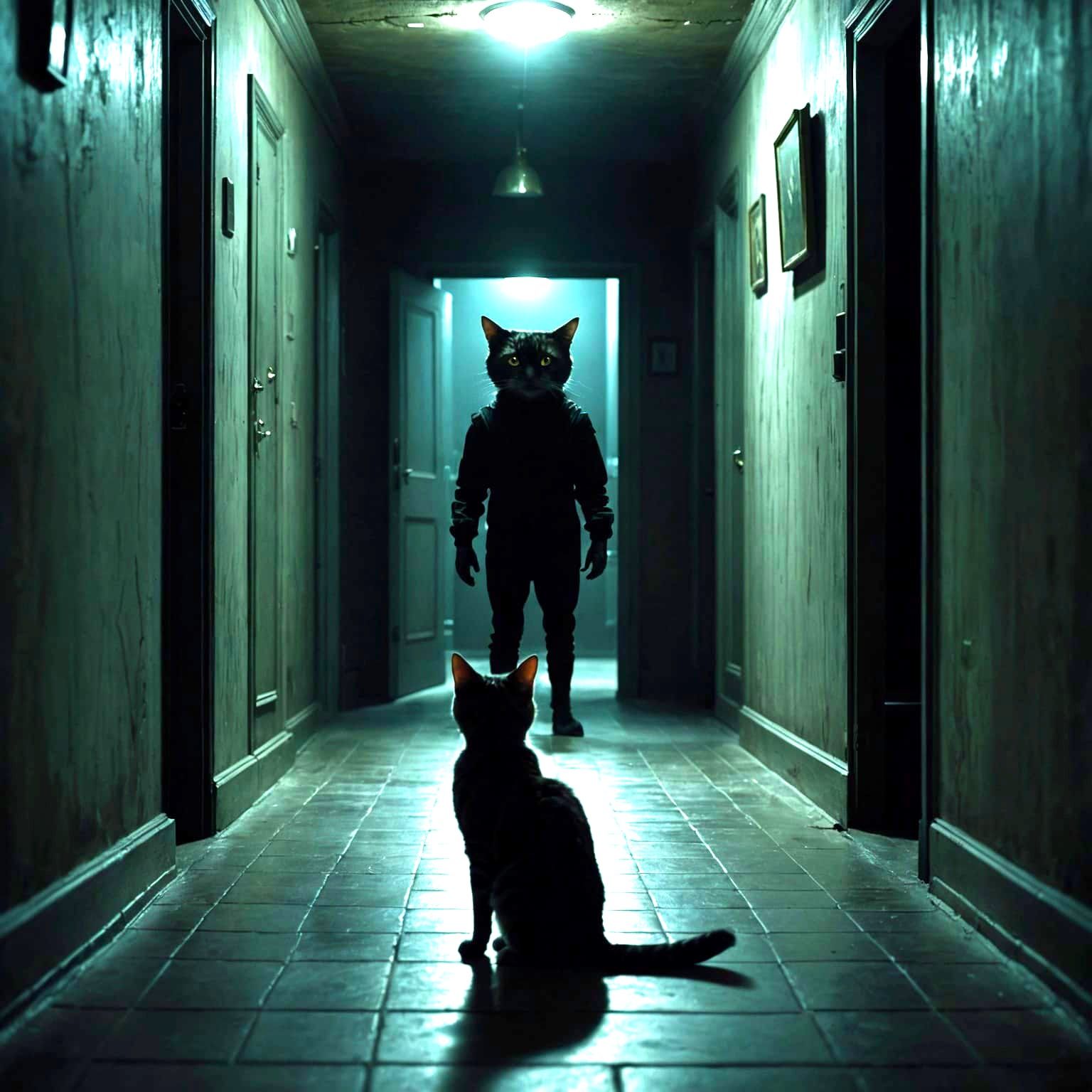 Cat Watches Alien in Dark Hallway