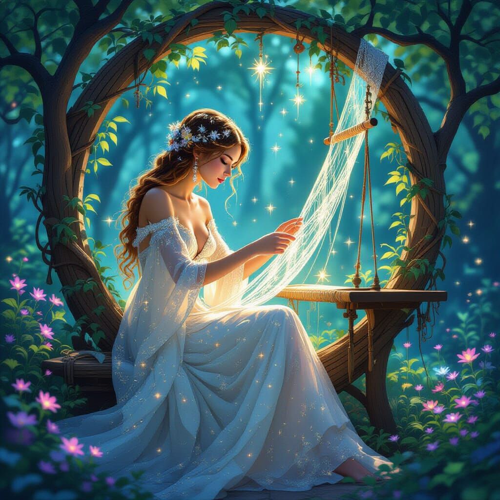 Celestial Seamstress Weaving Starlight Gowns in Art Nouveau ...