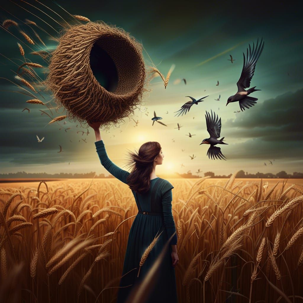 Woman in Wheat Field with Bird Feeder