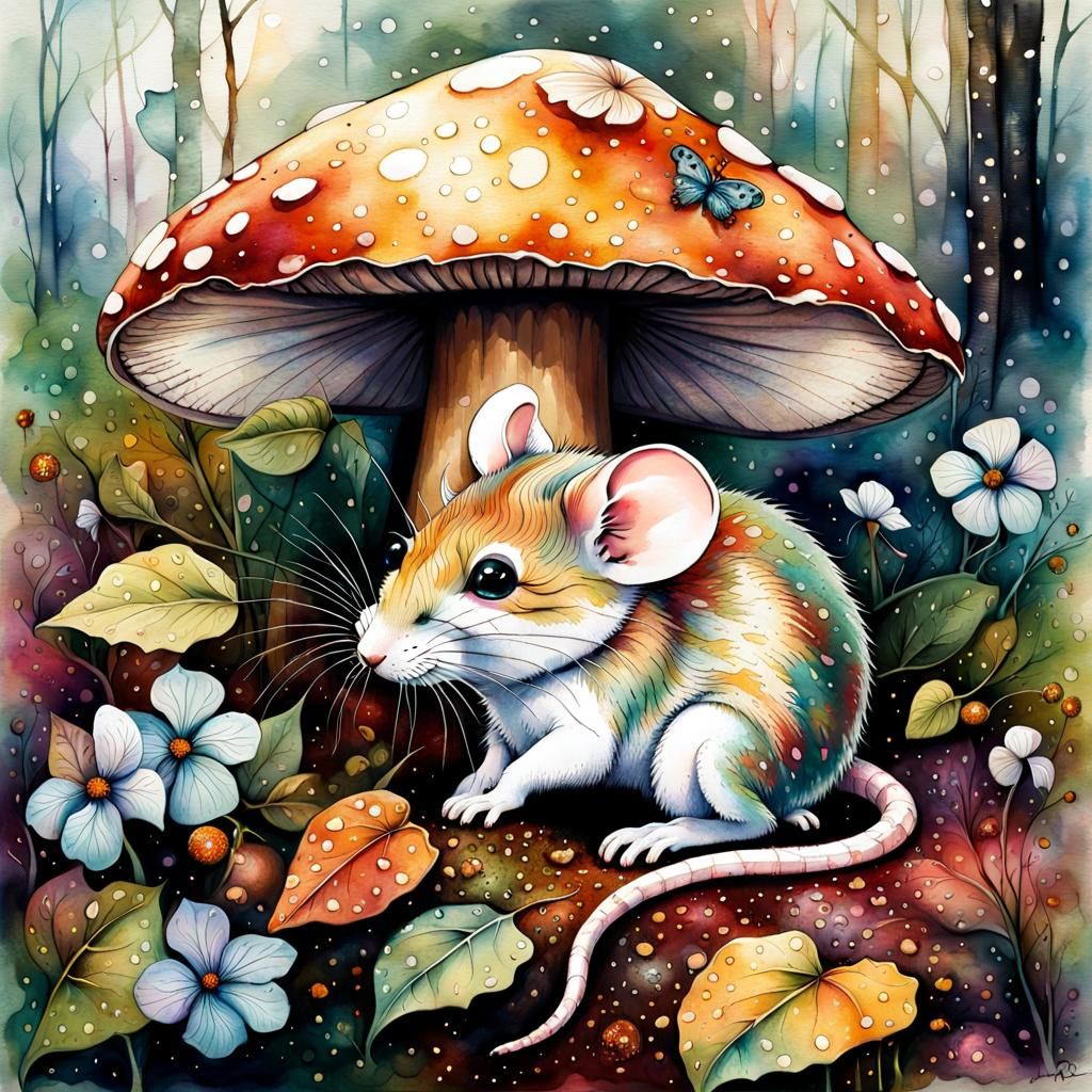Mouse Under Mushroom in Watercolour Style