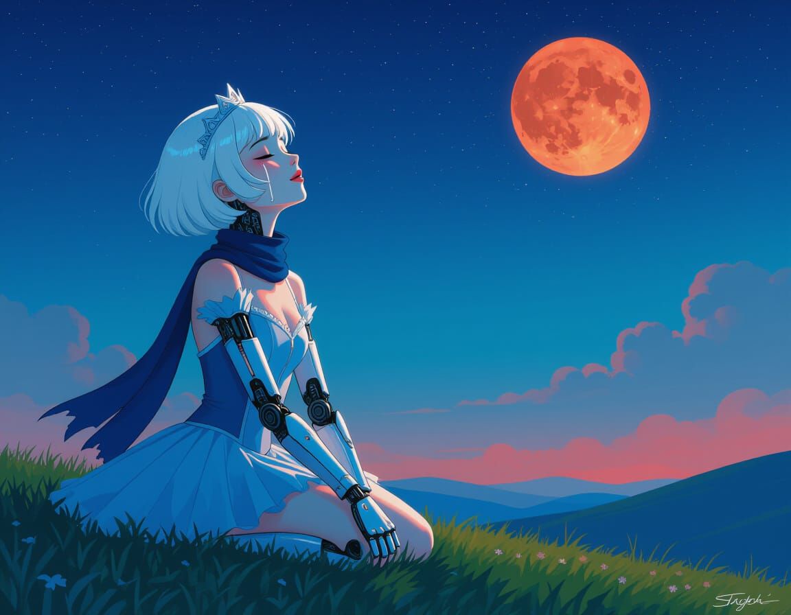 Cybernetic Princess Crying Under the Stars in Cyberpunk Styl...