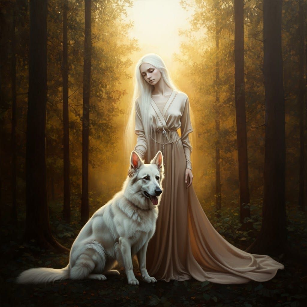 Woman and White Shepherd in Ethereal Forest