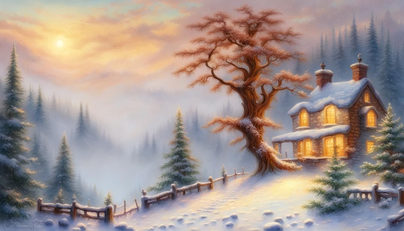Winter Still Life with Juniperus in Kinkade Style