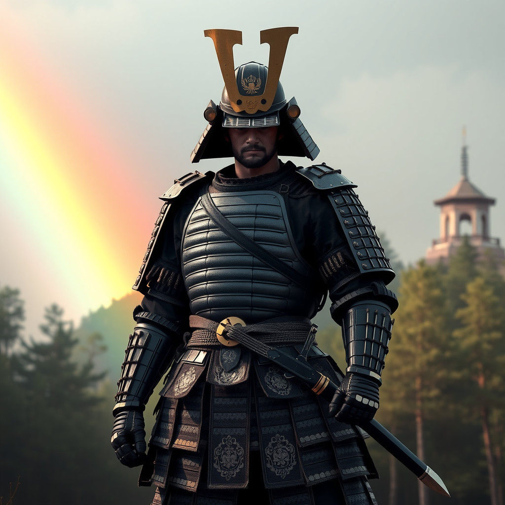 Samurai Warrior in Forest with Rainbow