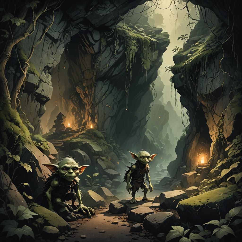 Dark Fantasy Goblin Cave Entrance in Enchanted Woods