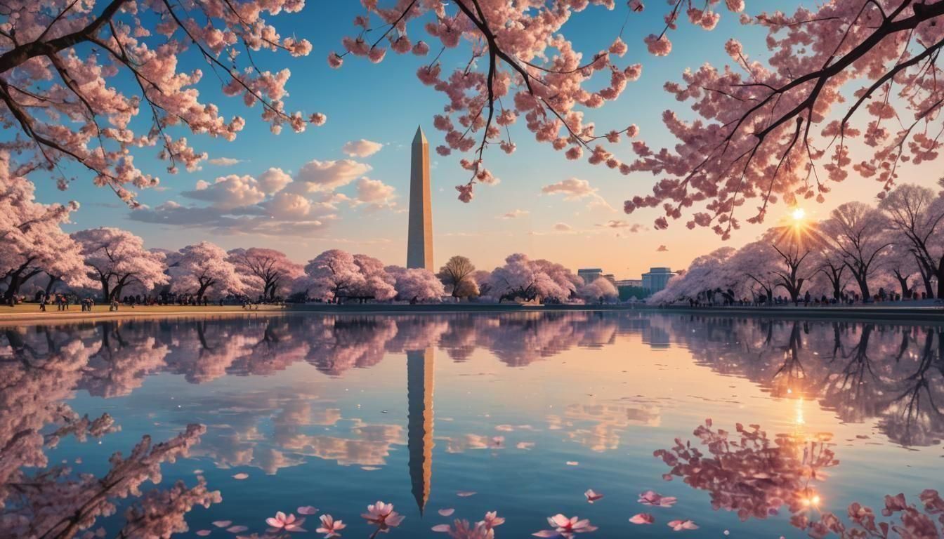 Washington Monument in Cherry Blossoms: Astral Illustration