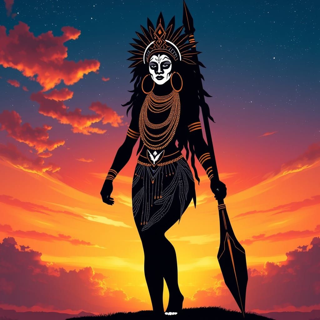 Regal African Warrior Woman Silhouette with Tribal Paint and...