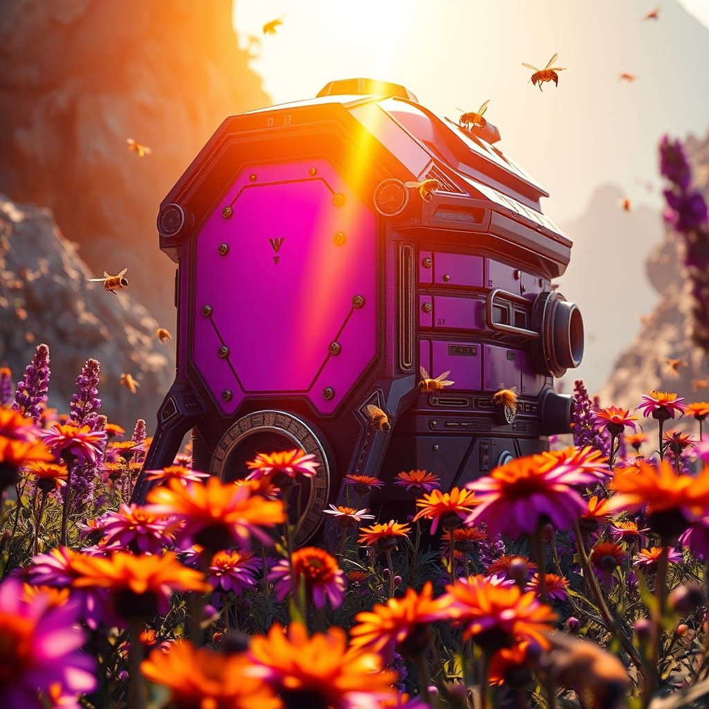 Glowing Purple Mech Hive Amidst Vibrant Field of Flowers