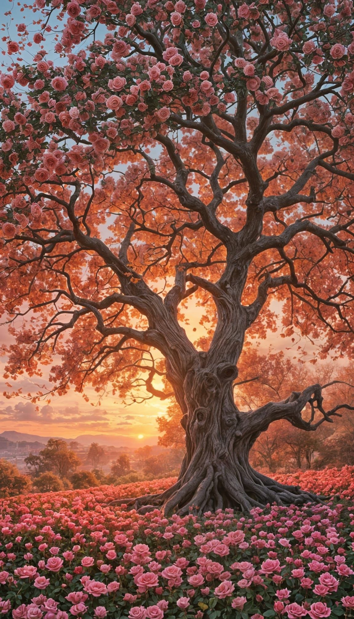 Surreal Sunset Tree of Roses in Realistic Style