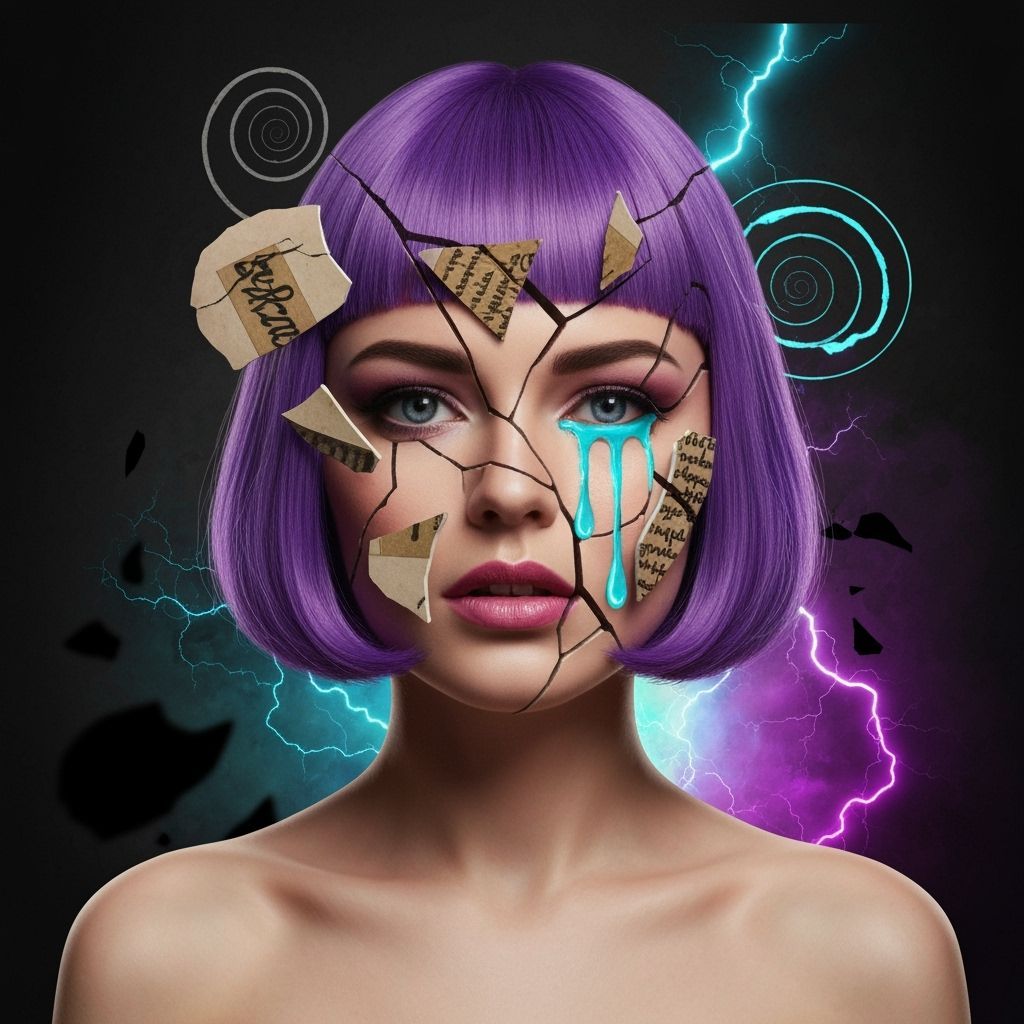 Woman With Fragmented Clay Mask and Data Tears