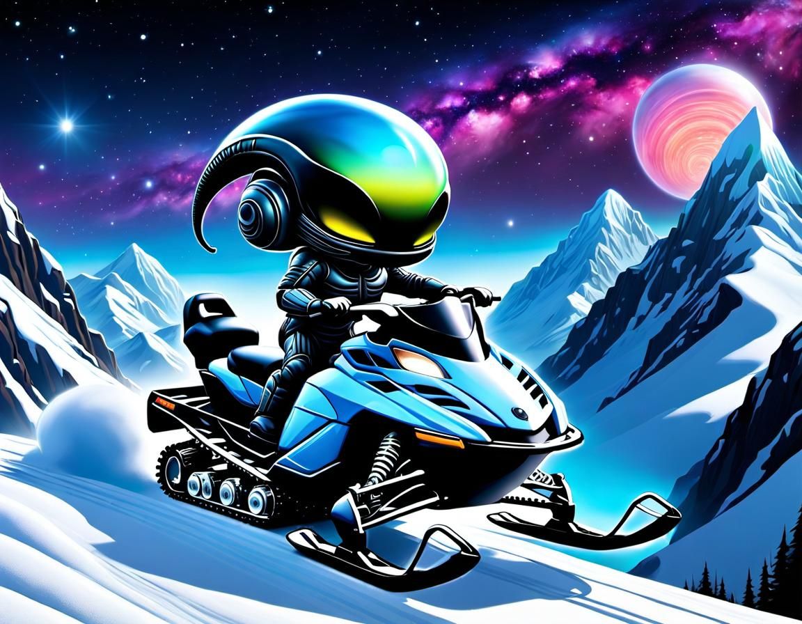 Chibi Alien Xenomorph Snowmobiling on Alien Mountain