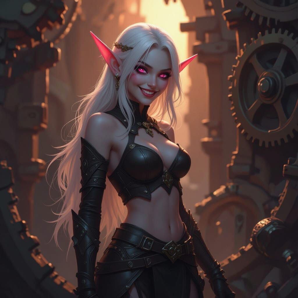 Drow Elf Smiles Amidst Gears in Hyperrealistic Style