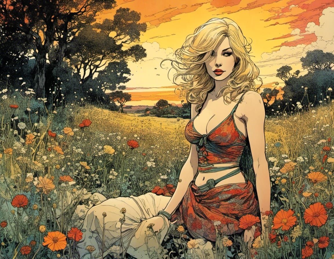 Vibrant Sunset: Blonde Woman in Graphic Novel Style