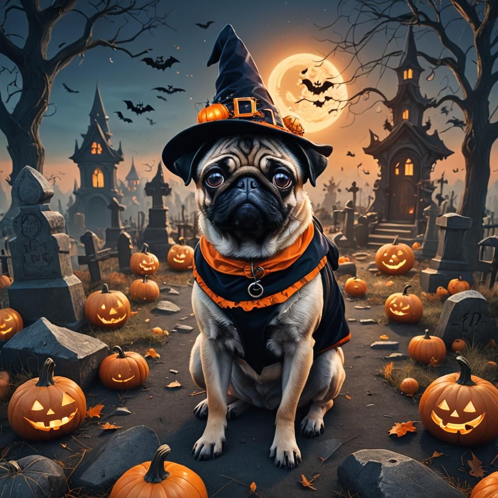 Halloween Pug in Graveyard: Dark Fantasy Art