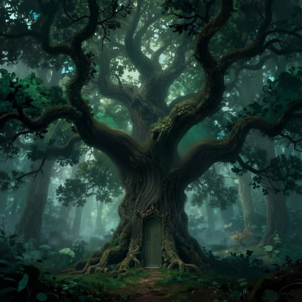 Mystical Oak Tree With Stained Glass Leaves In Foggy Forest