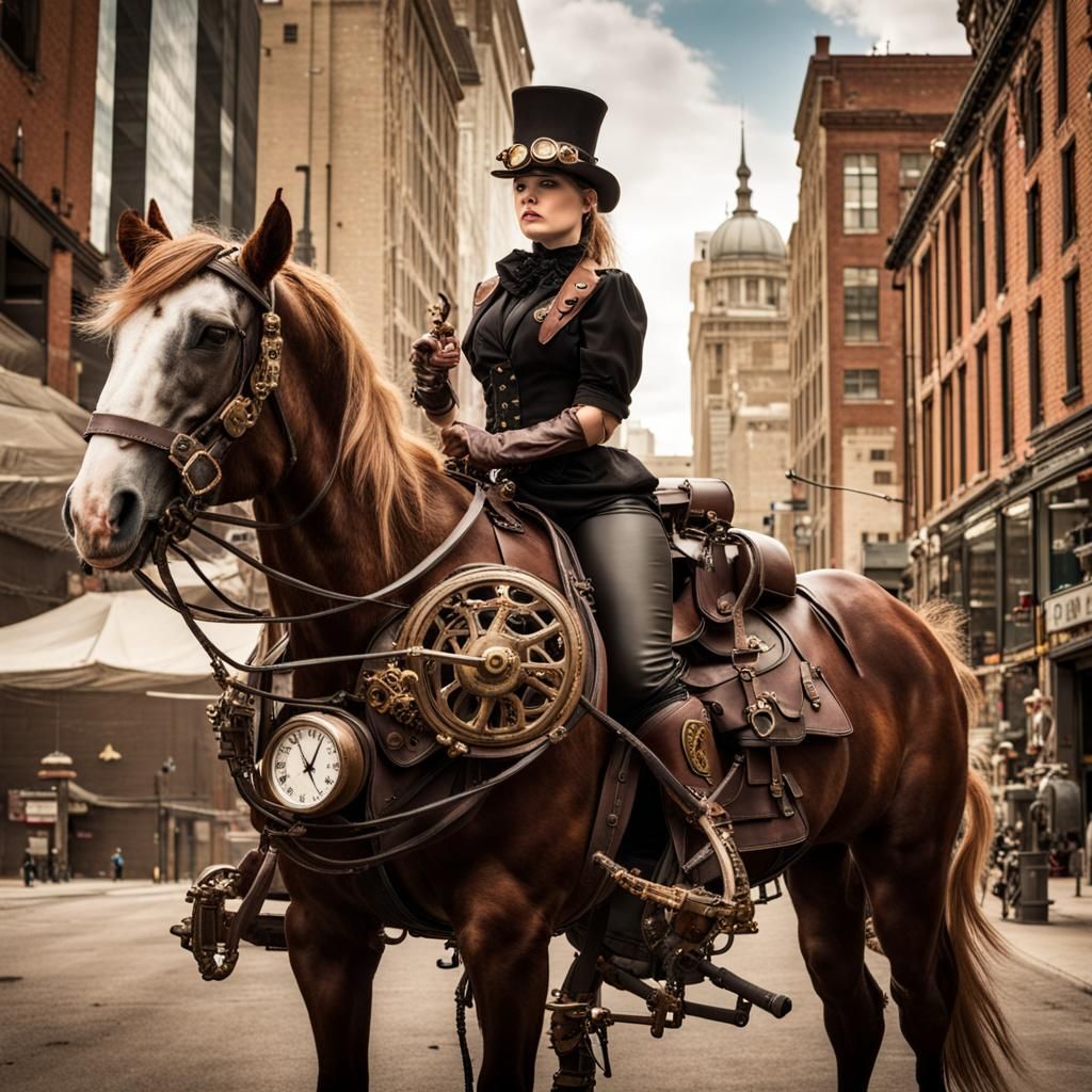 Steampunk Horse and Rider in Urban Setting