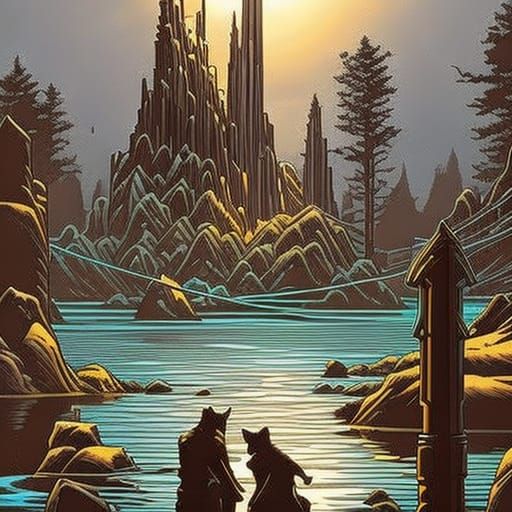 Cat on Stilts Crossing Lake in Comic Book Art