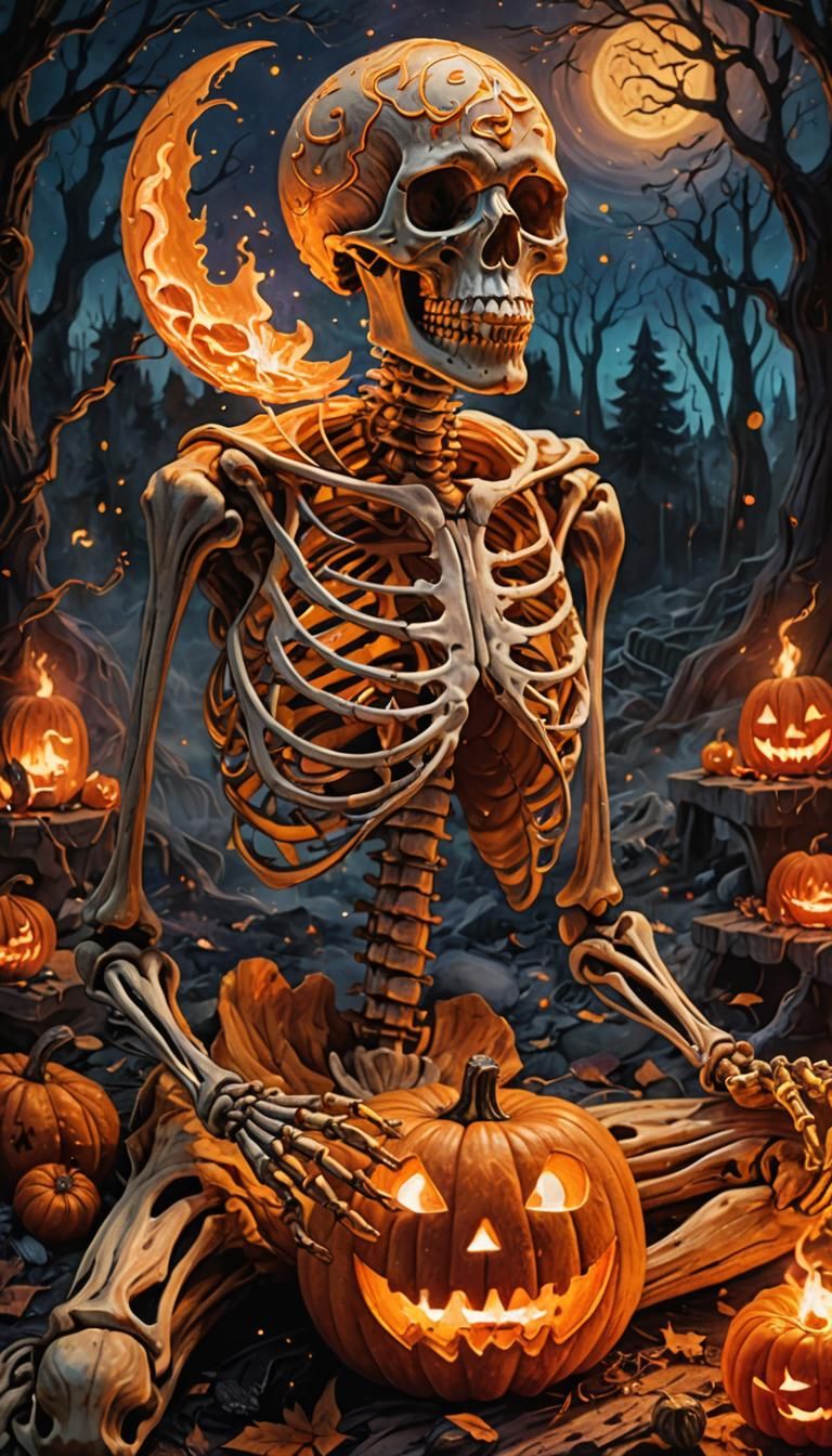 Skeleton Carving Pumpkin: Mixed Media Astral Illustration