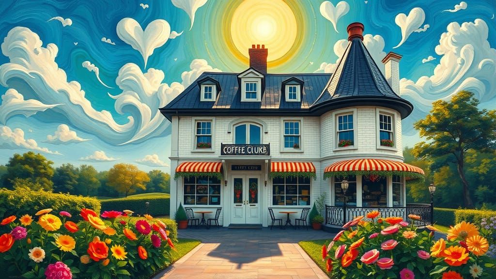 Dreamlike Victorian Coffee Shop in a Whimsical Sky
