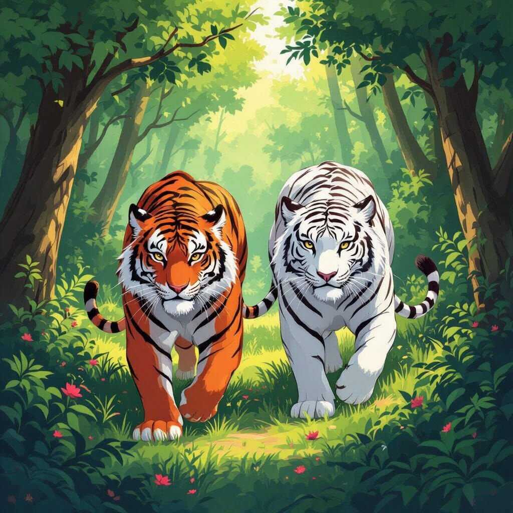 Two Tigers in Manga Style in a Lush Forest