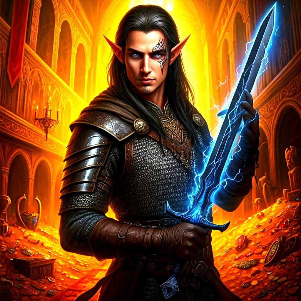 Half-Elf Rogue in Treasure Hall, Ethereal Fantasy