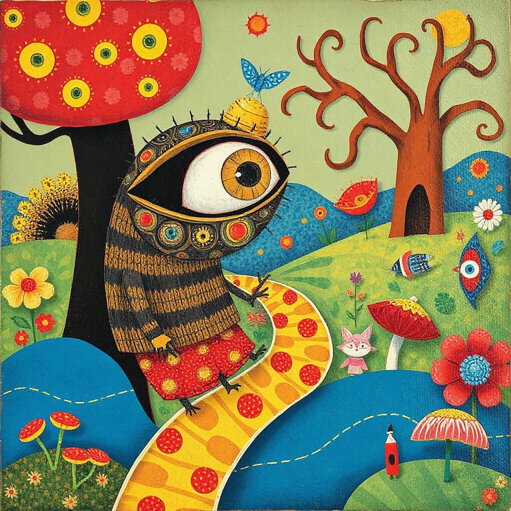 Vibrant Fantasy Realm in Playful Surreal Style
