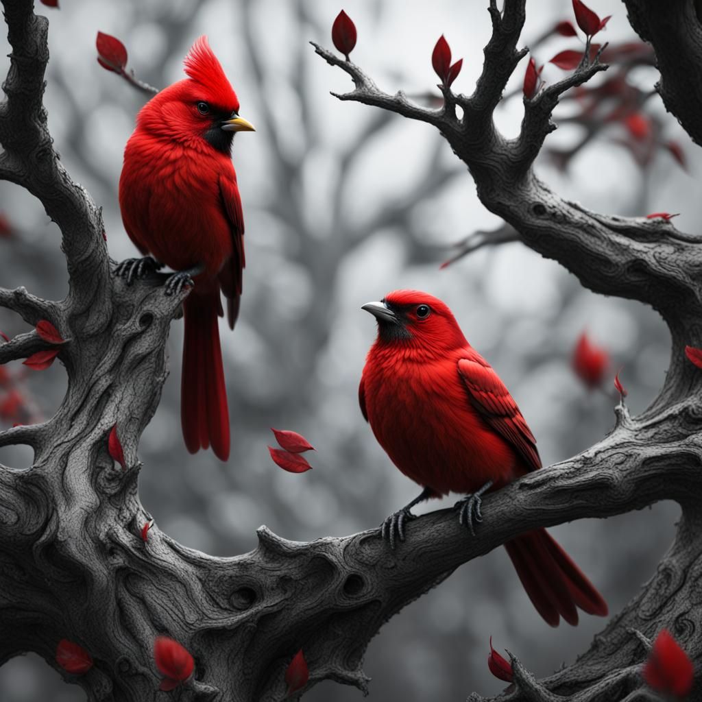 Red Bird on Gray Tree: Detailed Matte Painting