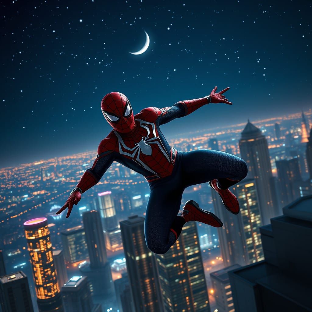 Spiderman Leaps into the Air Under Starry Night Sky