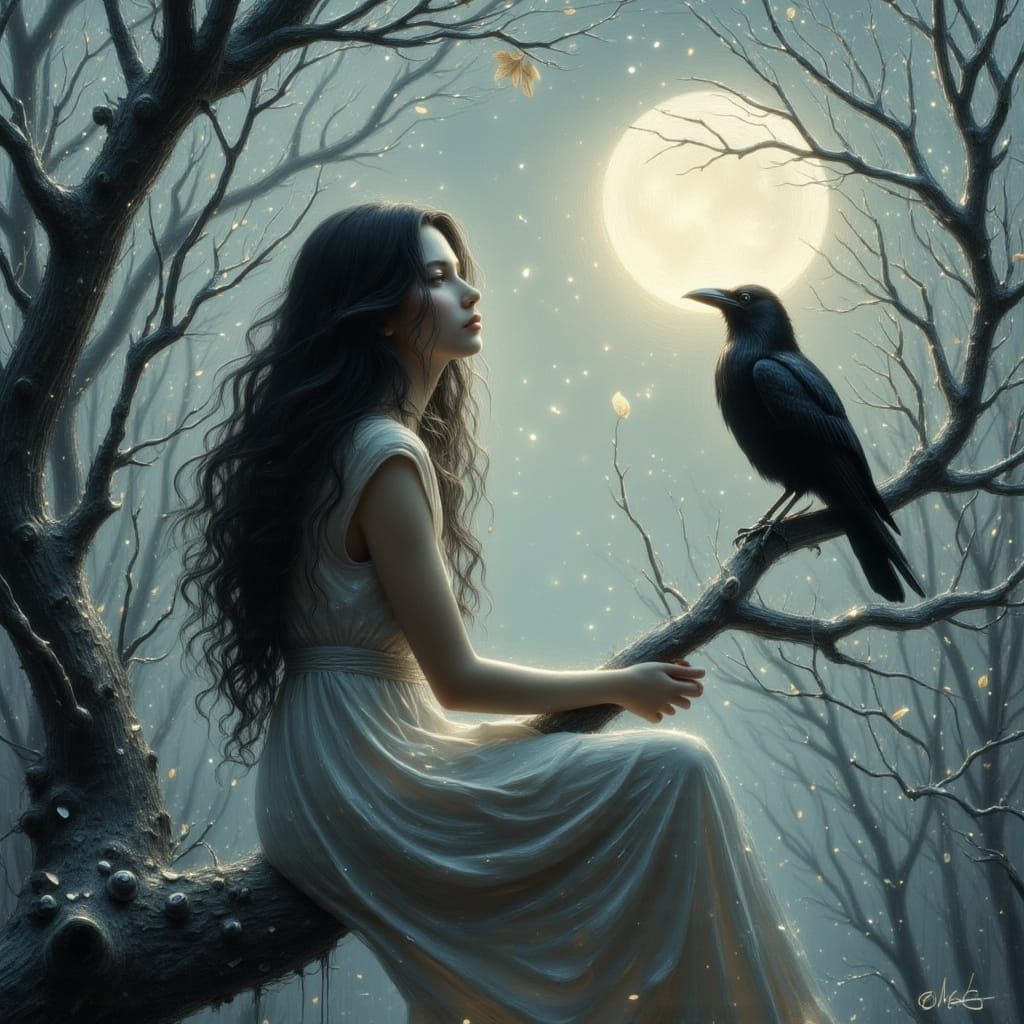 Ethereal Woman with Raven Gazing at Moon