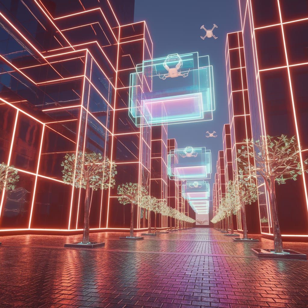 Futuristic Cityscape in Neon Lights with Holographic Signage...
