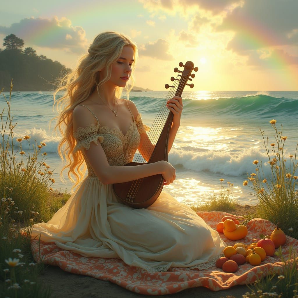 Celtic Princess Plays Lyre by Sunset Ocean