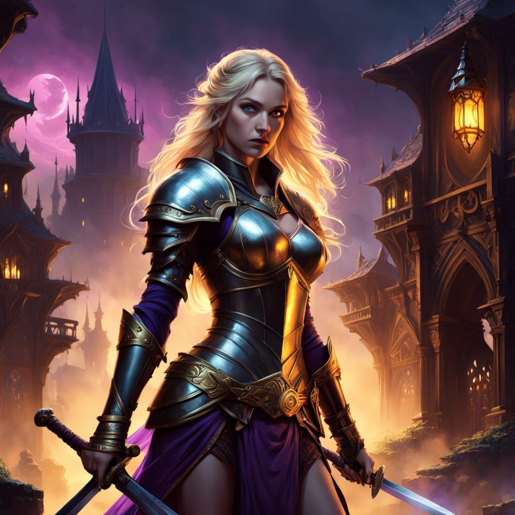 Ethereal Fantasy Warrior in Dark Medieval City