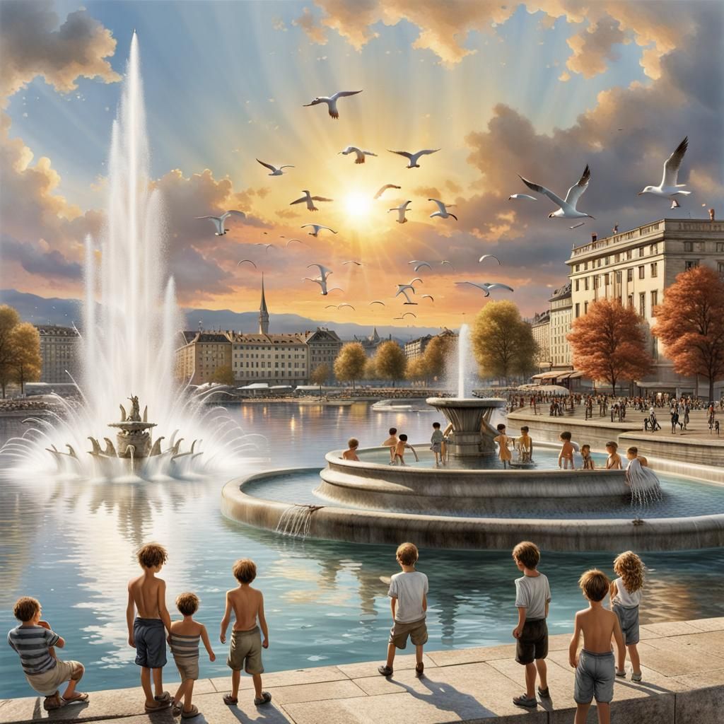 Geneva Fountain at Sunset: 8K Photography