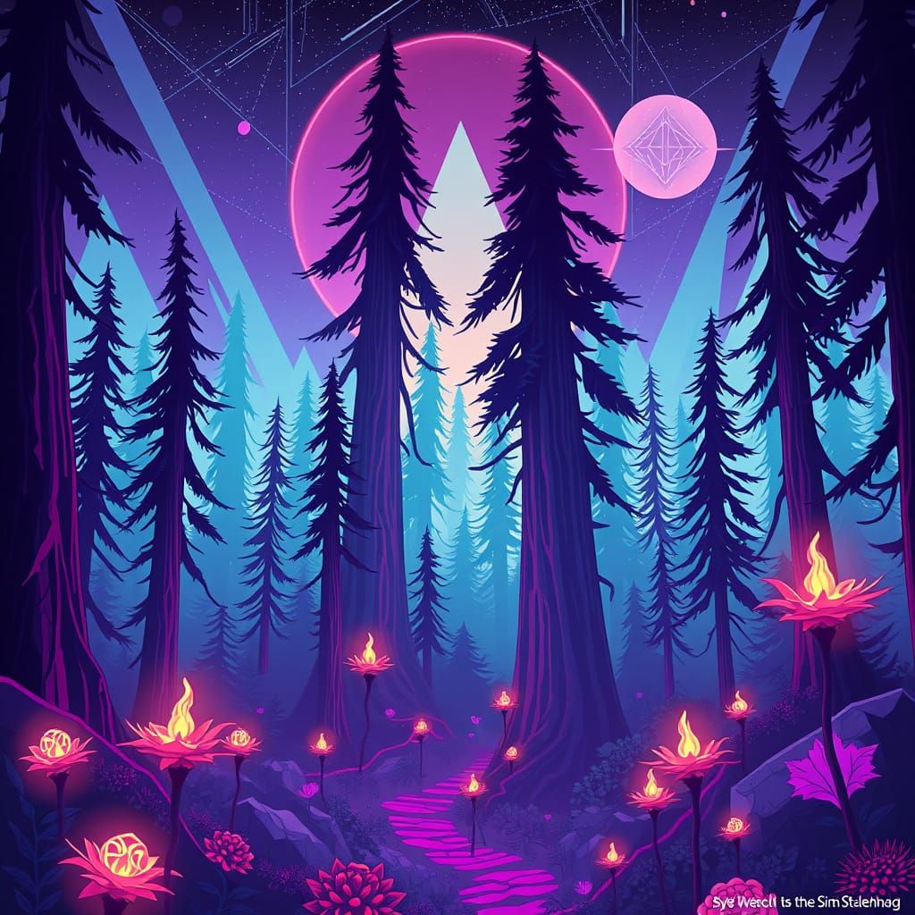 Vaporwave Forestscape with Neon Trees