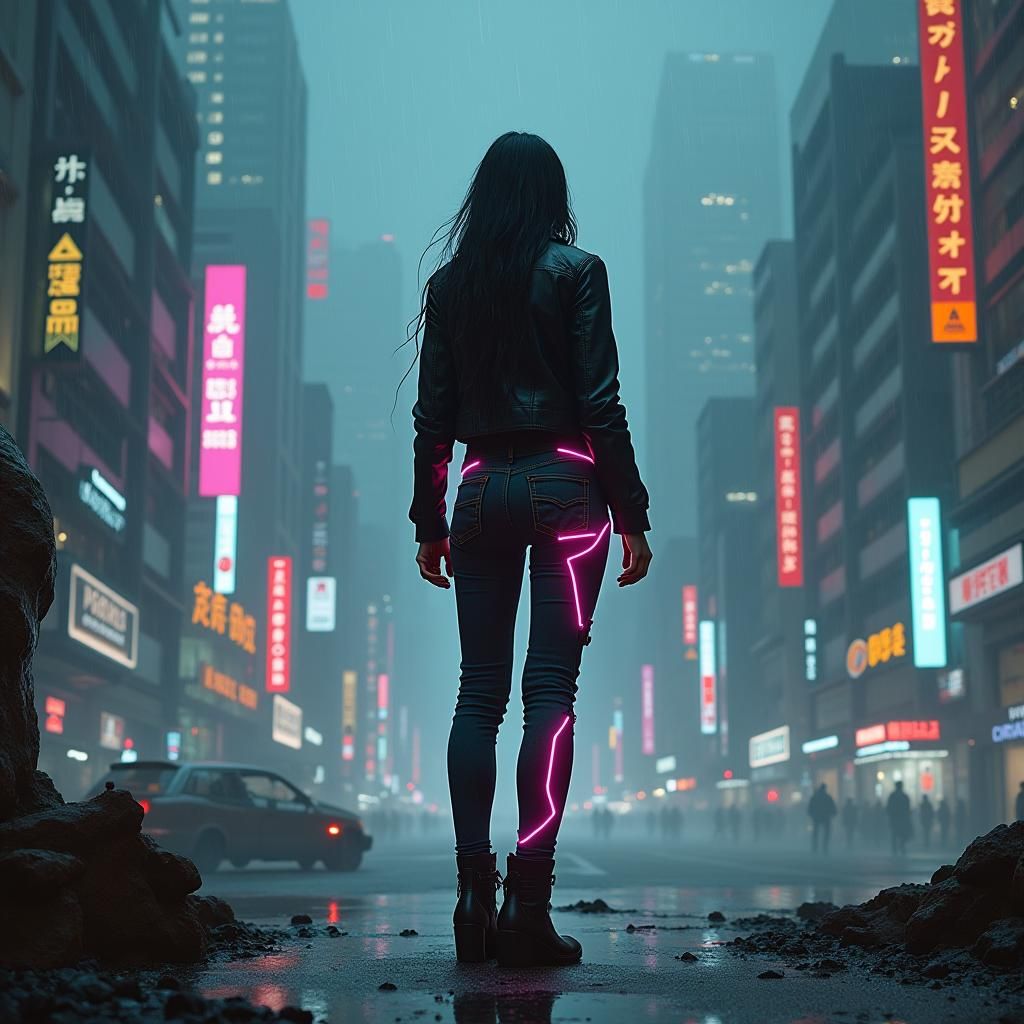 Cyberpunk Woman with Neon Implants in Dystopian City