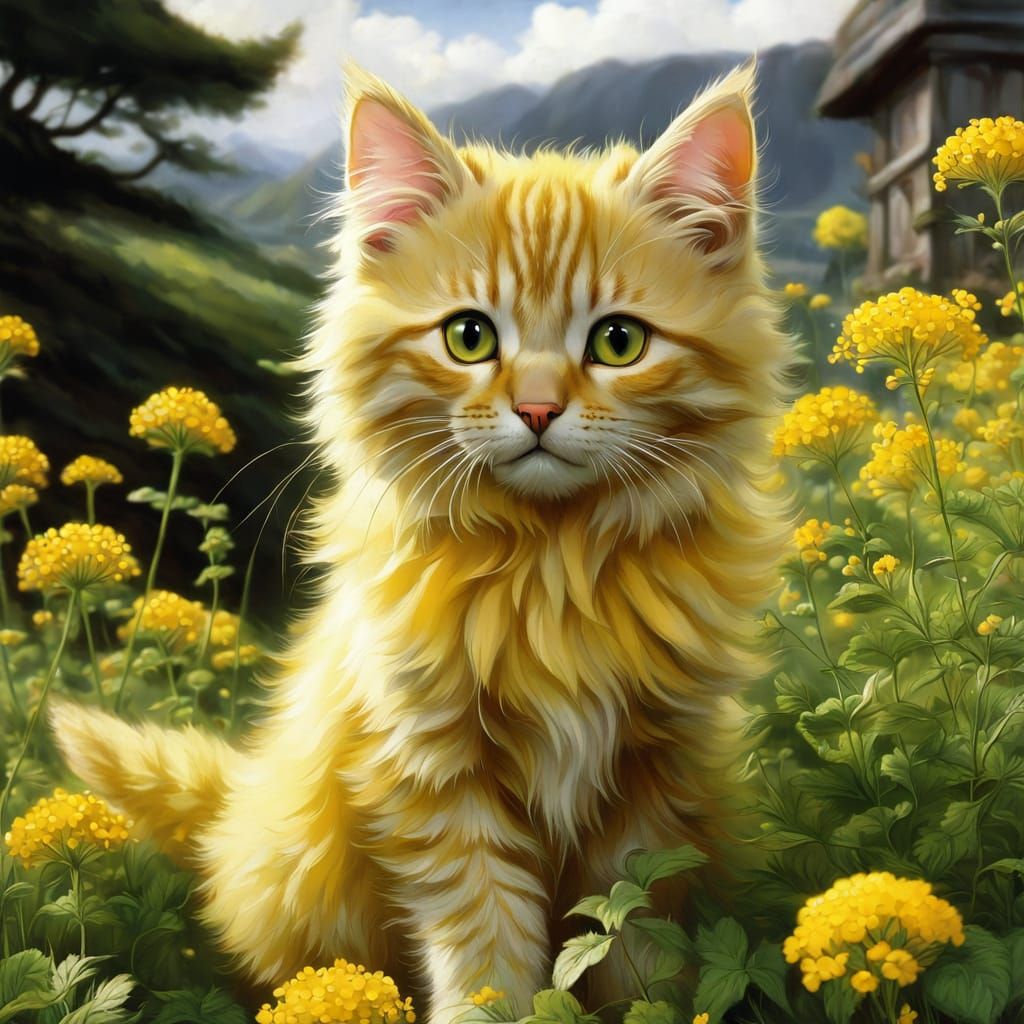 Majestic Mustard-Hued Kitten Amidst Wildflowers in a Dreamli...