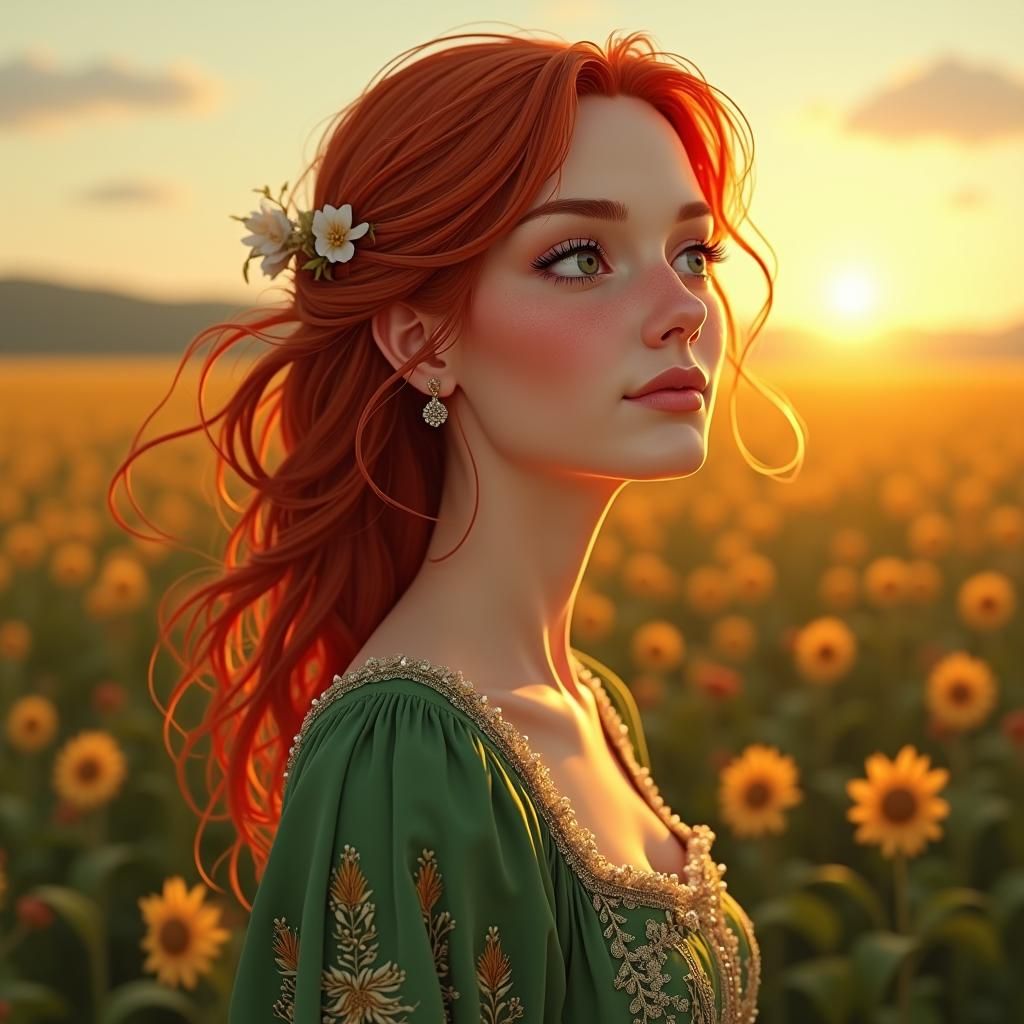 Red-Haired Woman in Field, Fantasy Realism Style