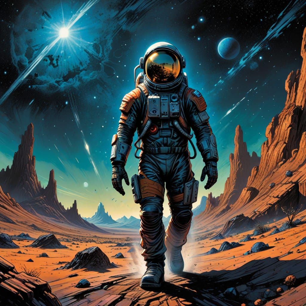 Astronaut Explores Alien Planet in Bold Comic Art Style