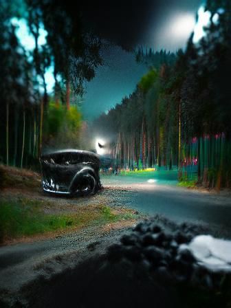 Car Driving Through Woods at Night in Moonlight