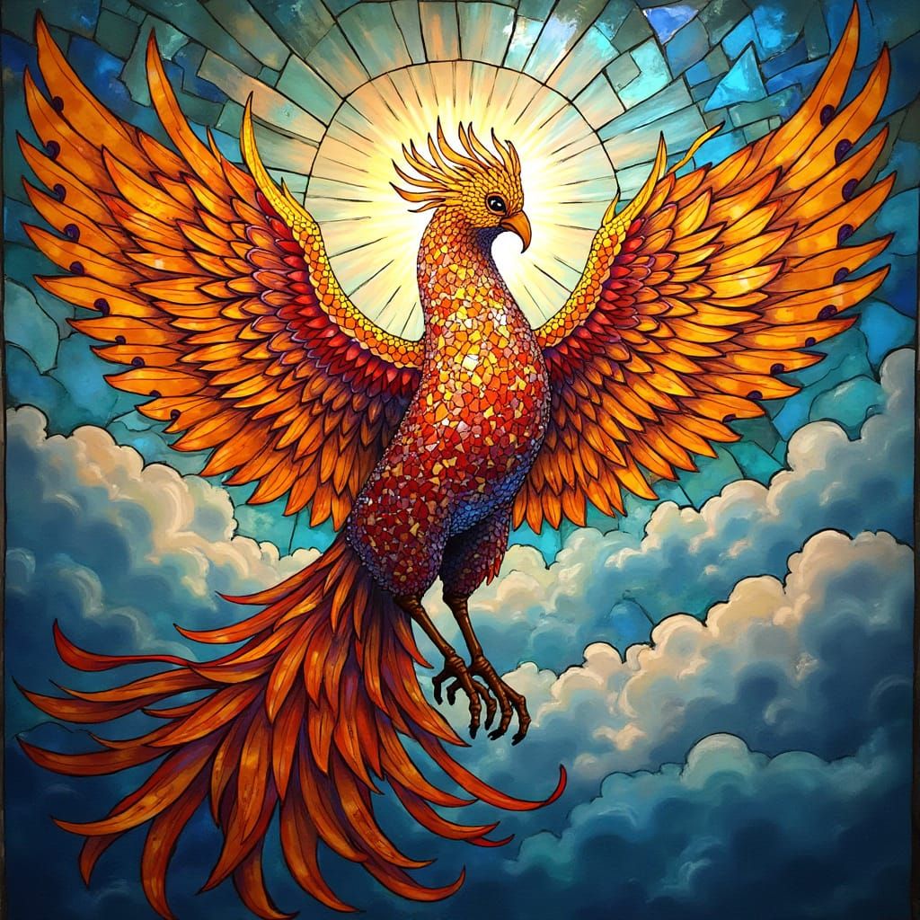 Majestic Mosaic Phoenix Rises in Vibrant Stained-Glass Sky