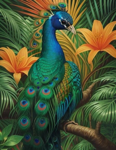 Peacock in Jungle: Vibrant Oil Painting