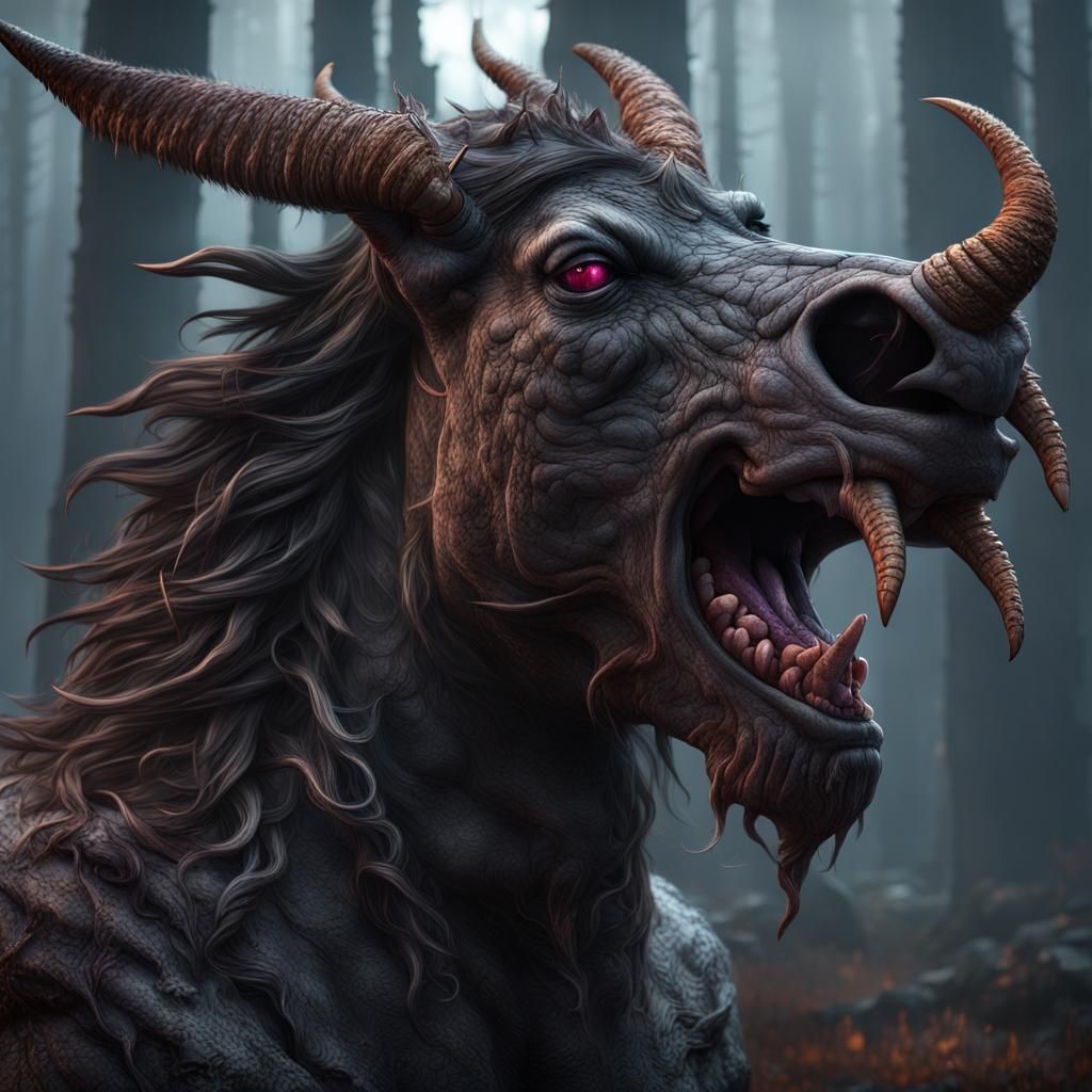 Macabre Multi-Horned Unicorn in Dark Cosmic Forest