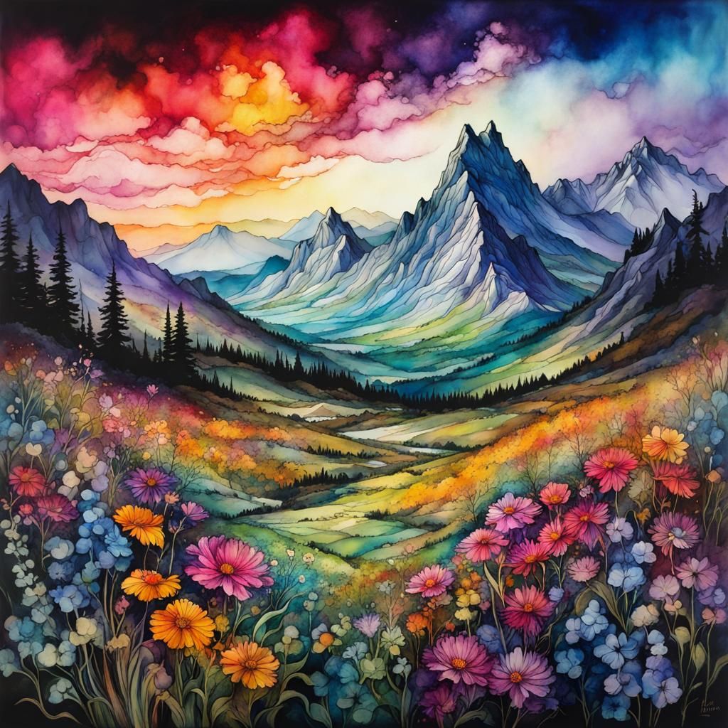 Anime Style Wildflowers in Colorful Mountain Landscape