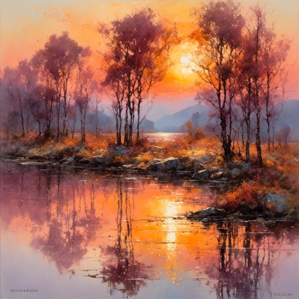Impressionistic Sunset Over Water in Vibrant Colors