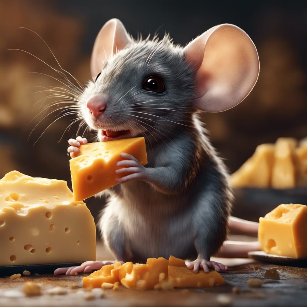 Baby Mouse Enjoying Cheddar Cheese: Detailed Matte Painting