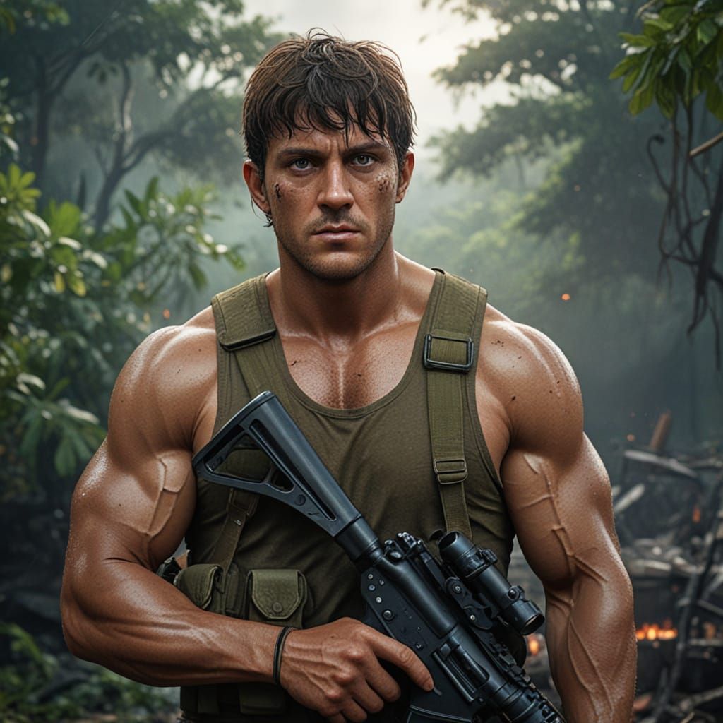 Rambo as Gritty Machine Gunner in Vietnam