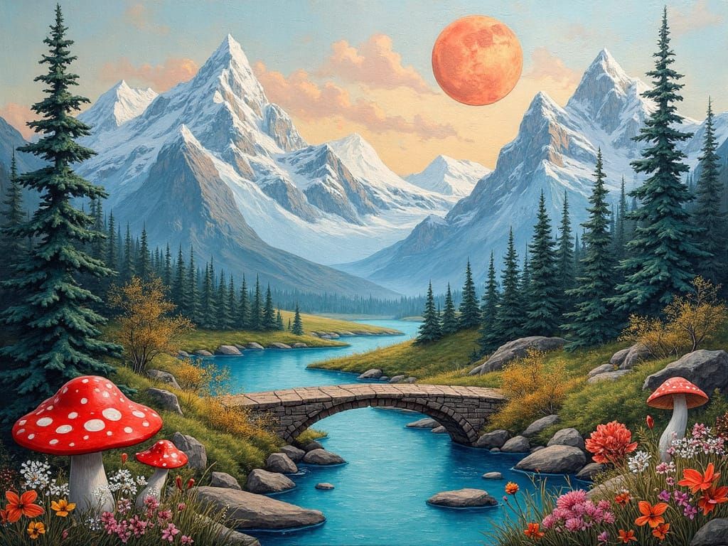 Surreal 3D Landscape with Snowy Mountains and River
