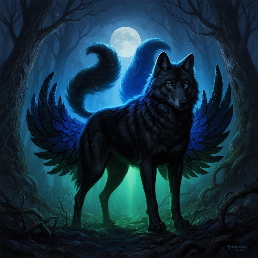 Mythical Black Wolf with Wings in Moonlit Forest
