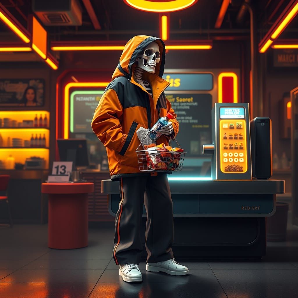 Elegant Skeleton at Retro-Futuristic Cash Register