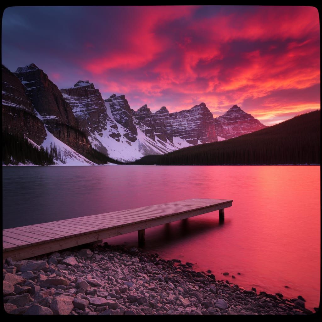 Mountain Lake Shore at Sunset in Cinematic Film Style